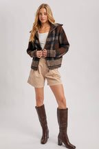 PLAID ZIPPER FRONT WIDE COLLAR FUZZY KNIT SWEATER JACKET