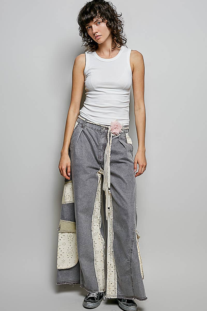 Solid Floral Metal Button Vintage Washing Laser Cut Pants