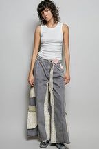 Solid Floral Metal Button Vintage Washing Laser Cut Pants