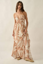 Tropical-Print Crepe Tie-Back Halter Pocket Maxi Dress
