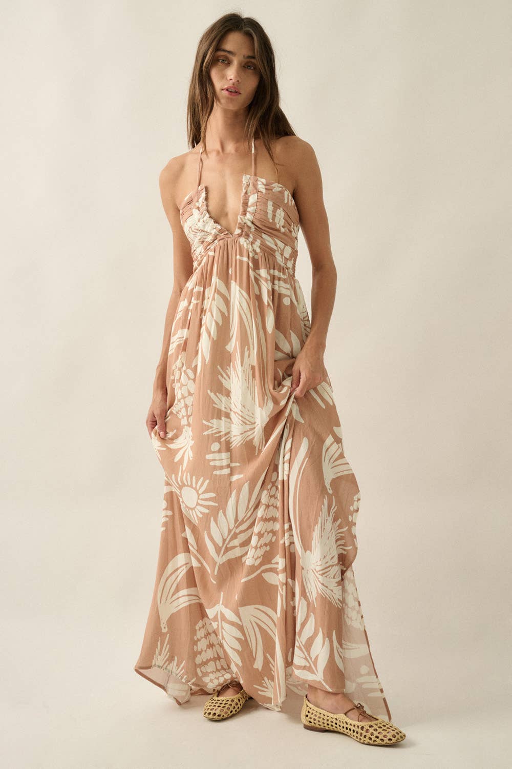 Tropical-Print Crepe Tie-Back Halter Pocket Maxi Dress