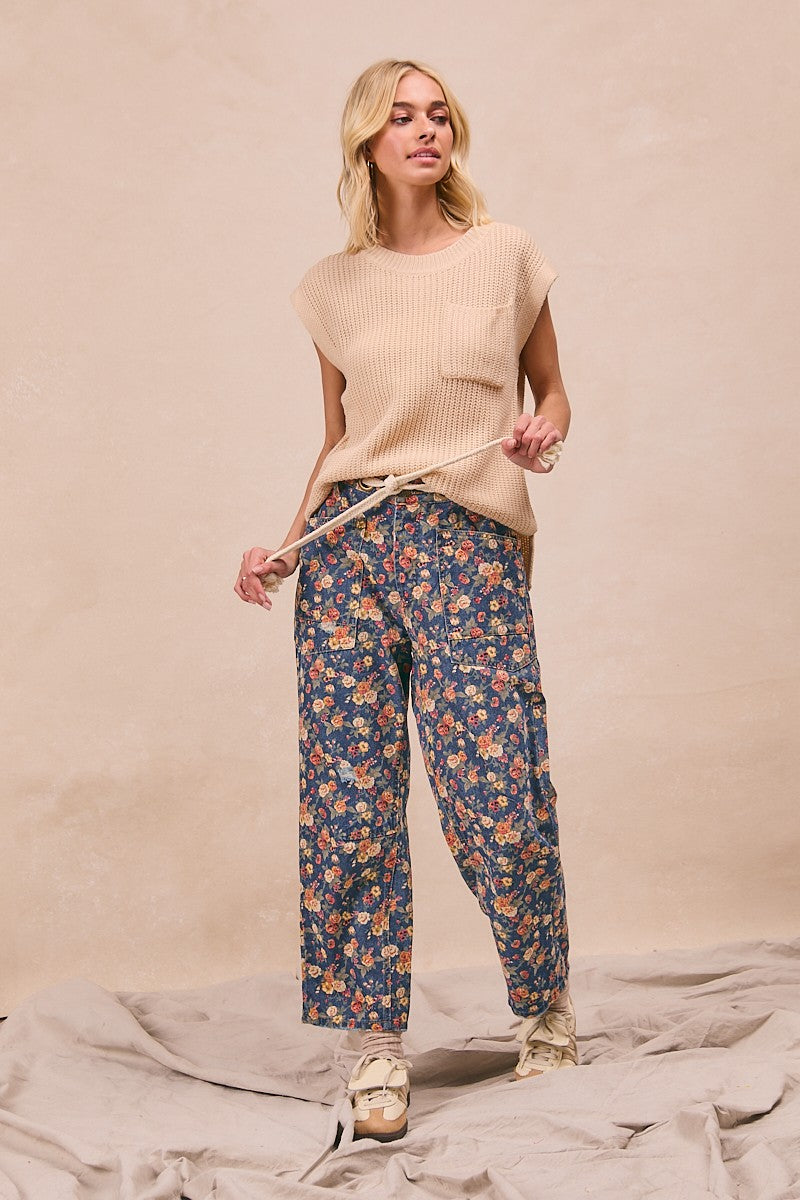 Mineral Washed Denim Ditsy Printed Braided Waist