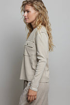 Vintage Washing Contrast Front Pockets Ribbed Knit Top