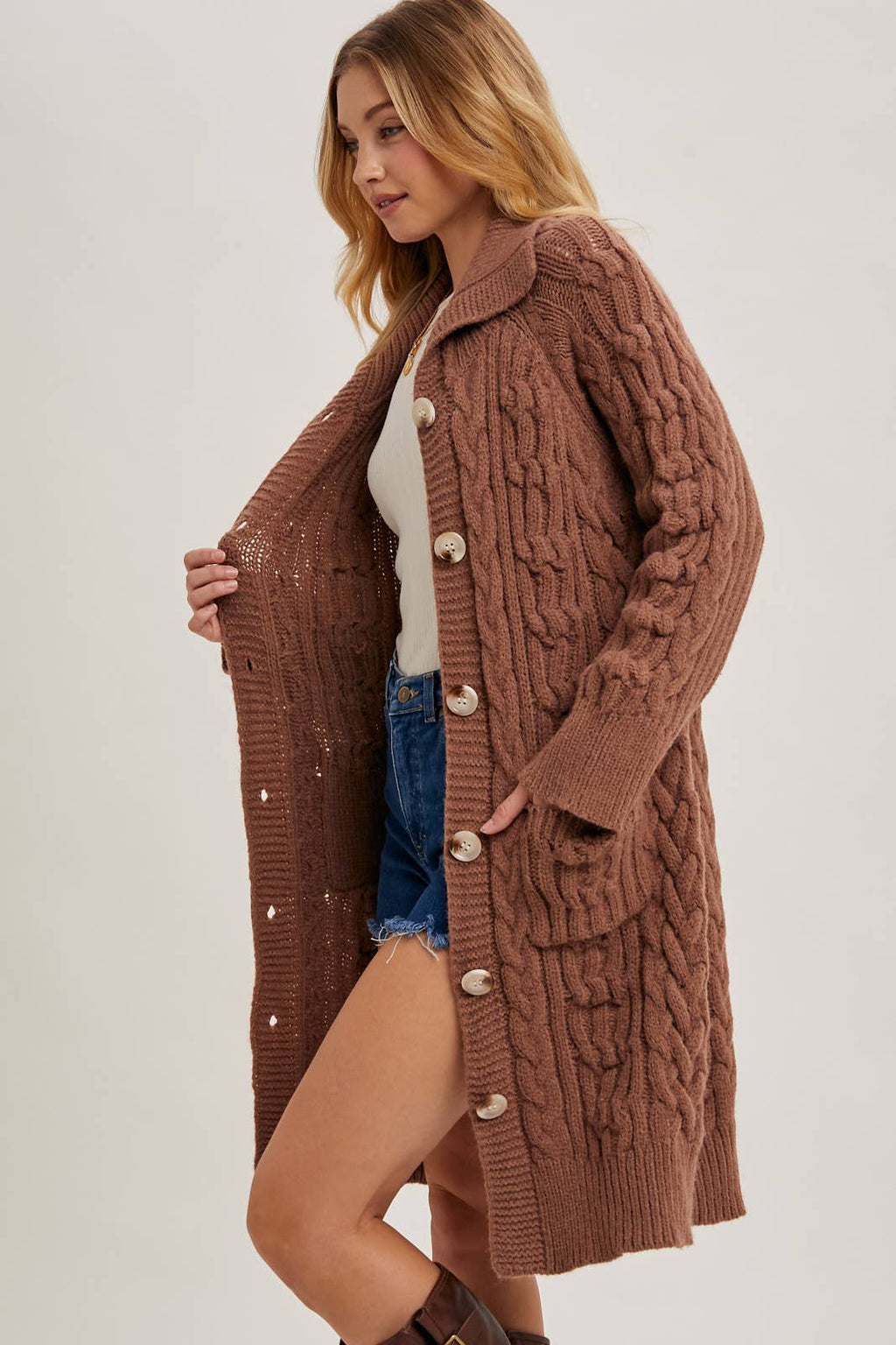BUTTON DOWN CABLE KNIT SWEATER CARDIGAN