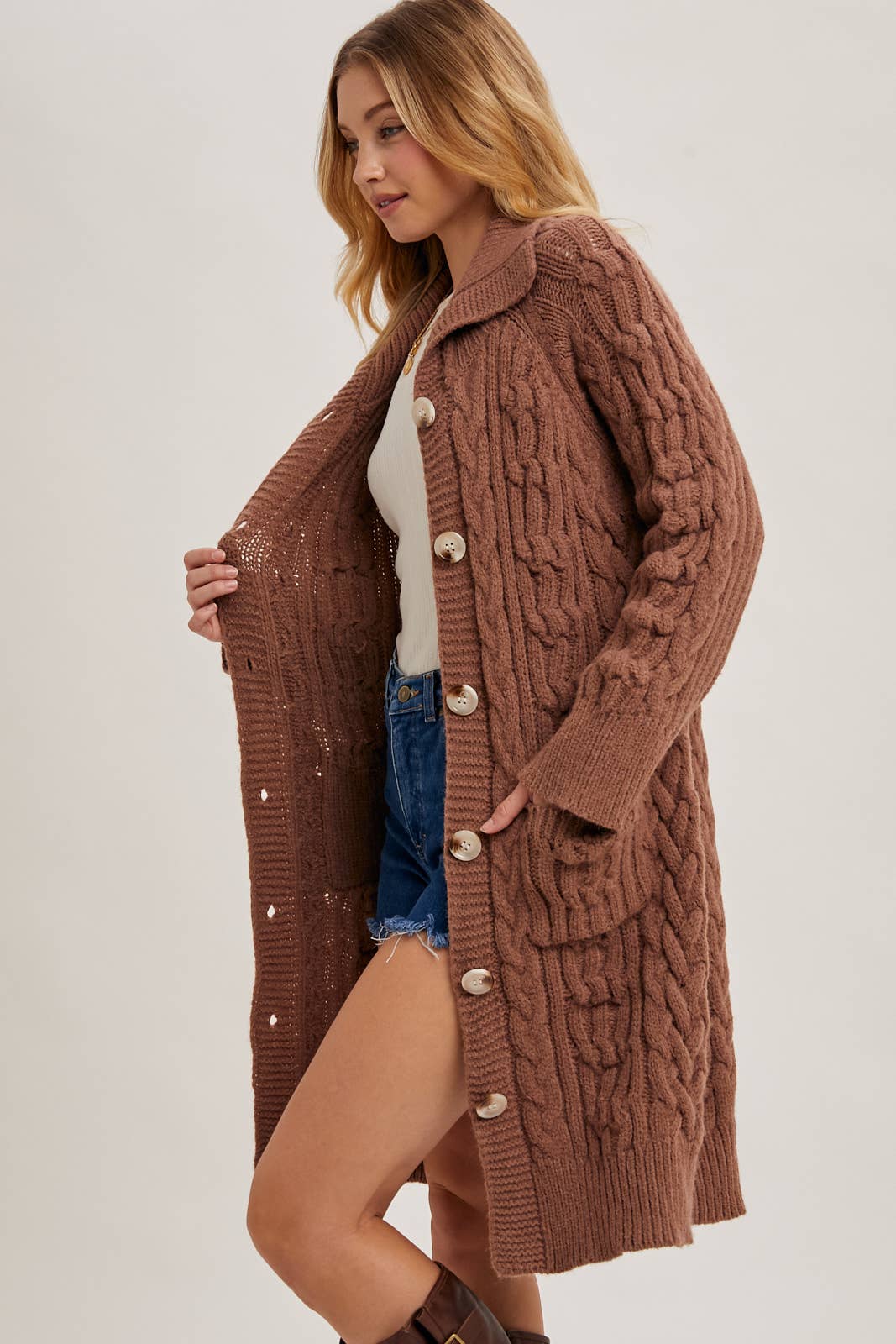 BUTTON DOWN CABLE KNIT SWEATER CARDIGAN
