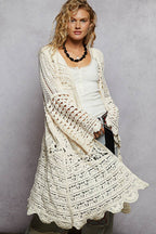 Long Sleeve Chenille Crochet Open Front Cardigan Top
