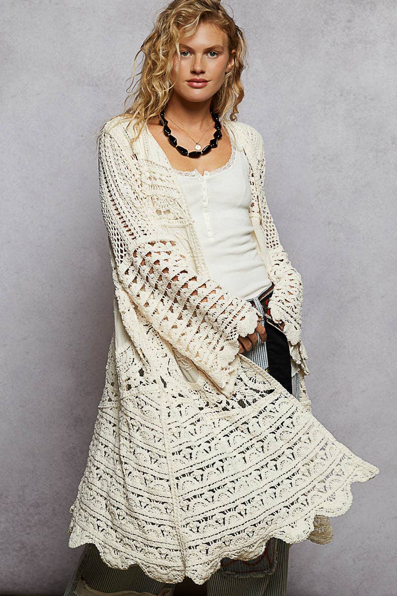Long Sleeve Chenille Crochet Open Front Cardigan Top