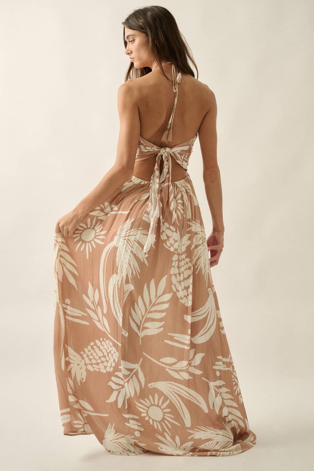 Tropical-Print Crepe Tie-Back Halter Pocket Maxi Dress