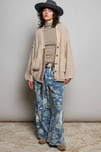 Floral Contrast Long Sleeve Deep V Neck Sweater Cardigan Top