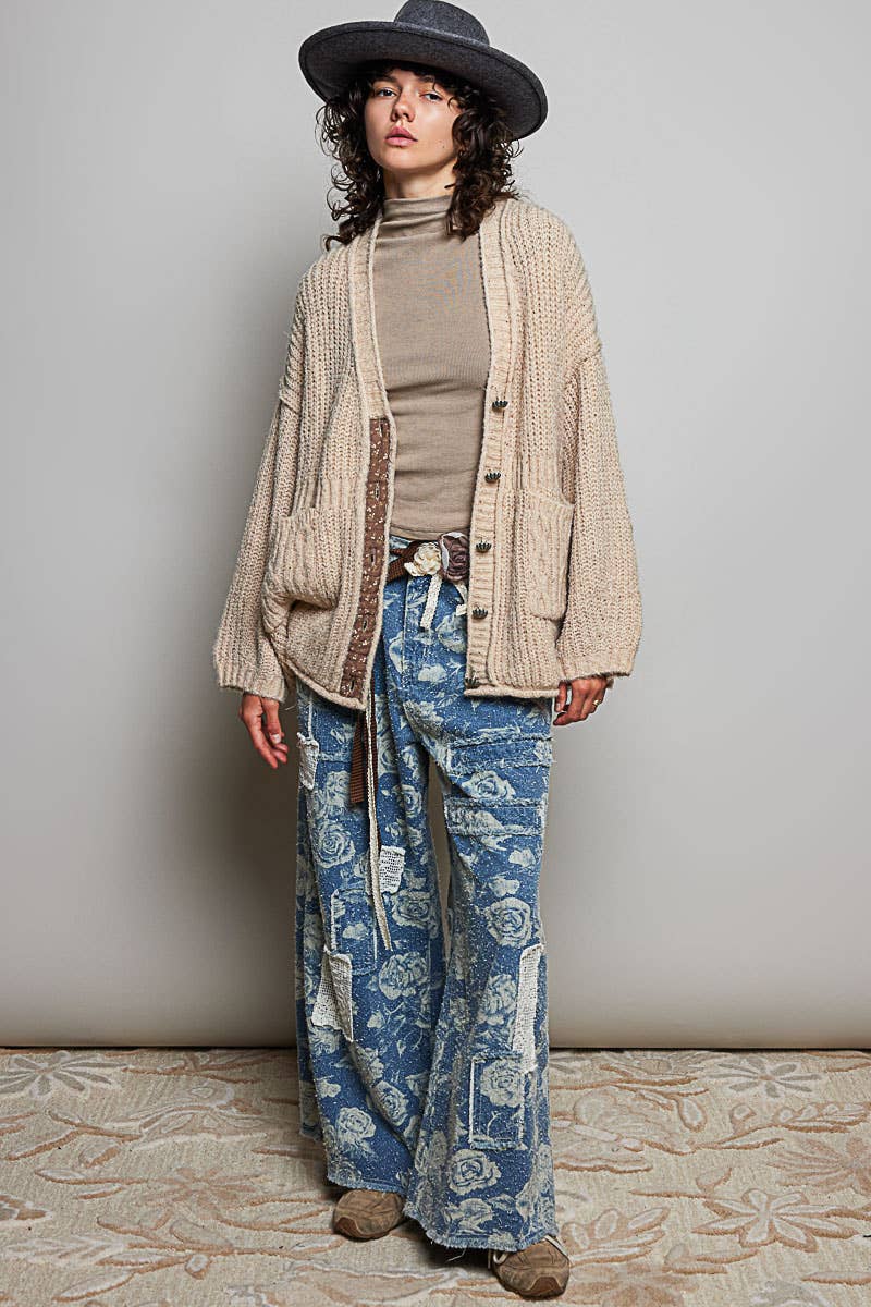 Floral Contrast Long Sleeve Deep V Neck Sweater Cardigan Top