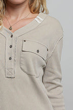 Vintage Washing Contrast Front Pockets Ribbed Knit Top