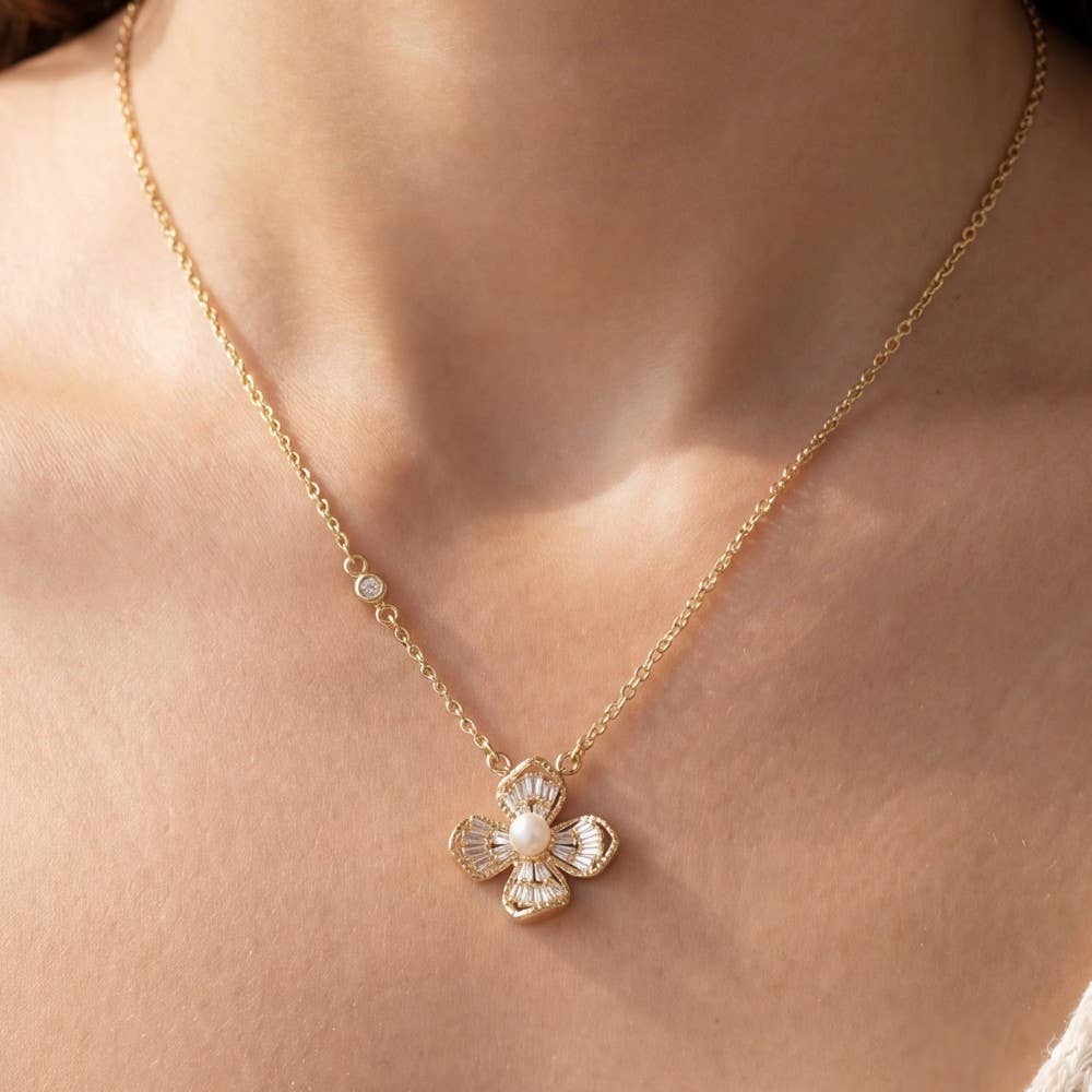 14K Gold Dipped Cz Pearl Flower Necklace