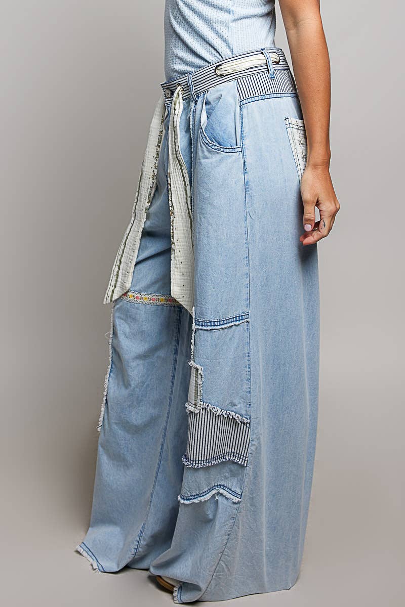 Stripe Patch High Rise Wide Leg Twill Pants