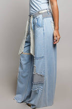 Stripe Patch High Rise Wide Leg Twill Pants