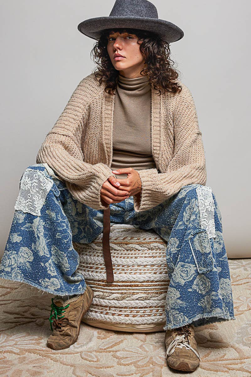 Floral Contrast Long Sleeve Deep V Neck Sweater Cardigan Top