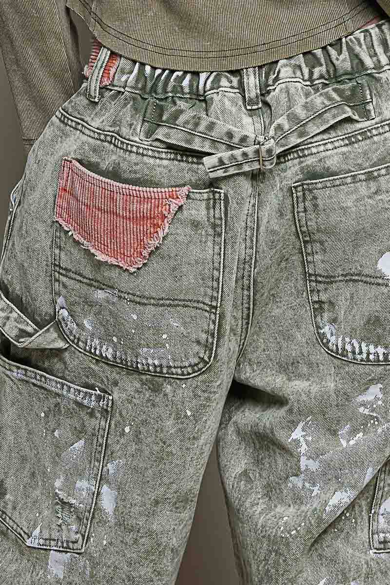 Raw-Edge Hem Back Waistband Woven Wide-Leg Carpenter Pants