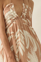 Tropical-Print Crepe Tie-Back Halter Pocket Maxi Dress