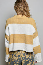 Striped Pattern Chenille Sweater Long Sleeve Mock Neck Top