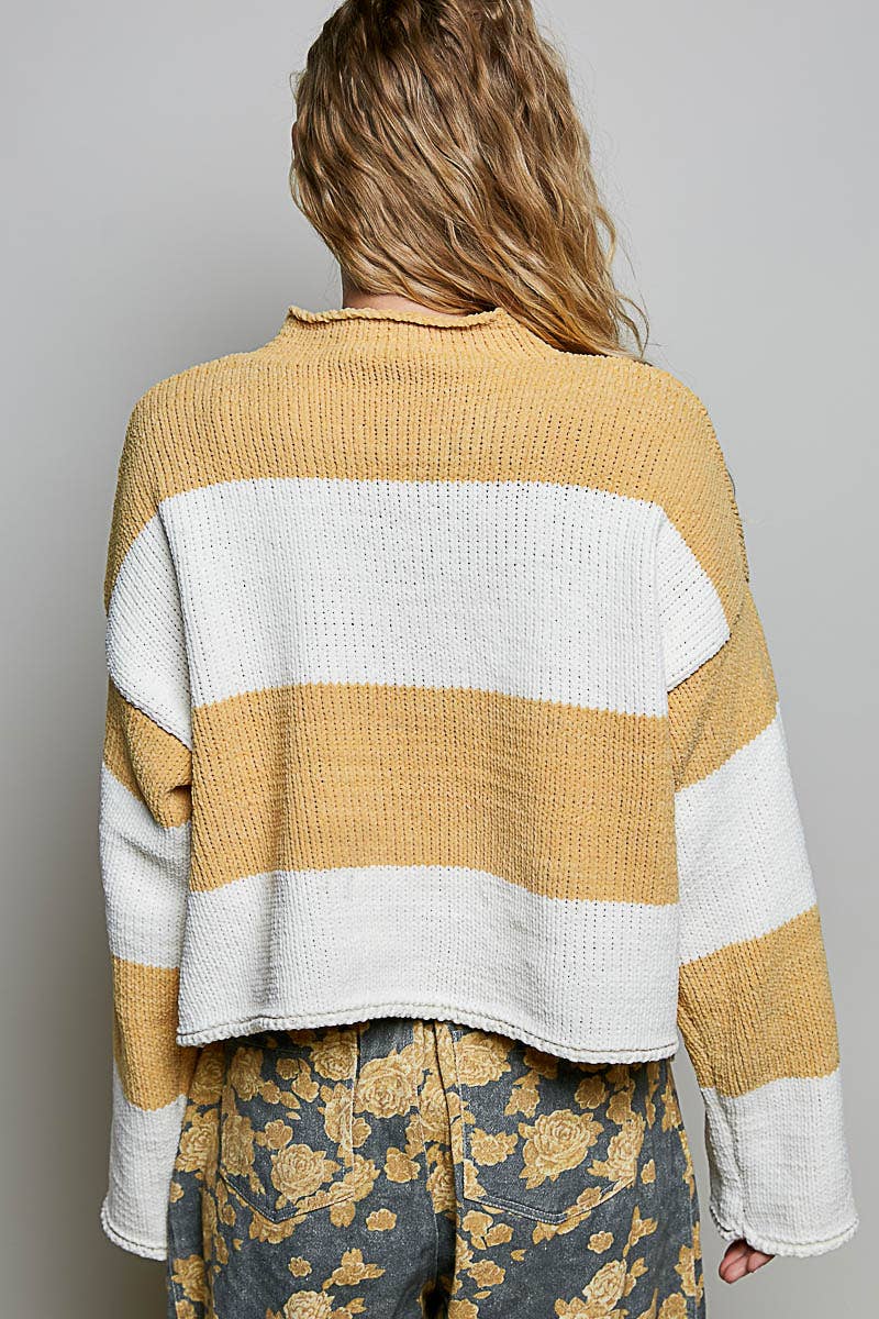 Striped Pattern Chenille Sweater Long Sleeve Mock Neck Top