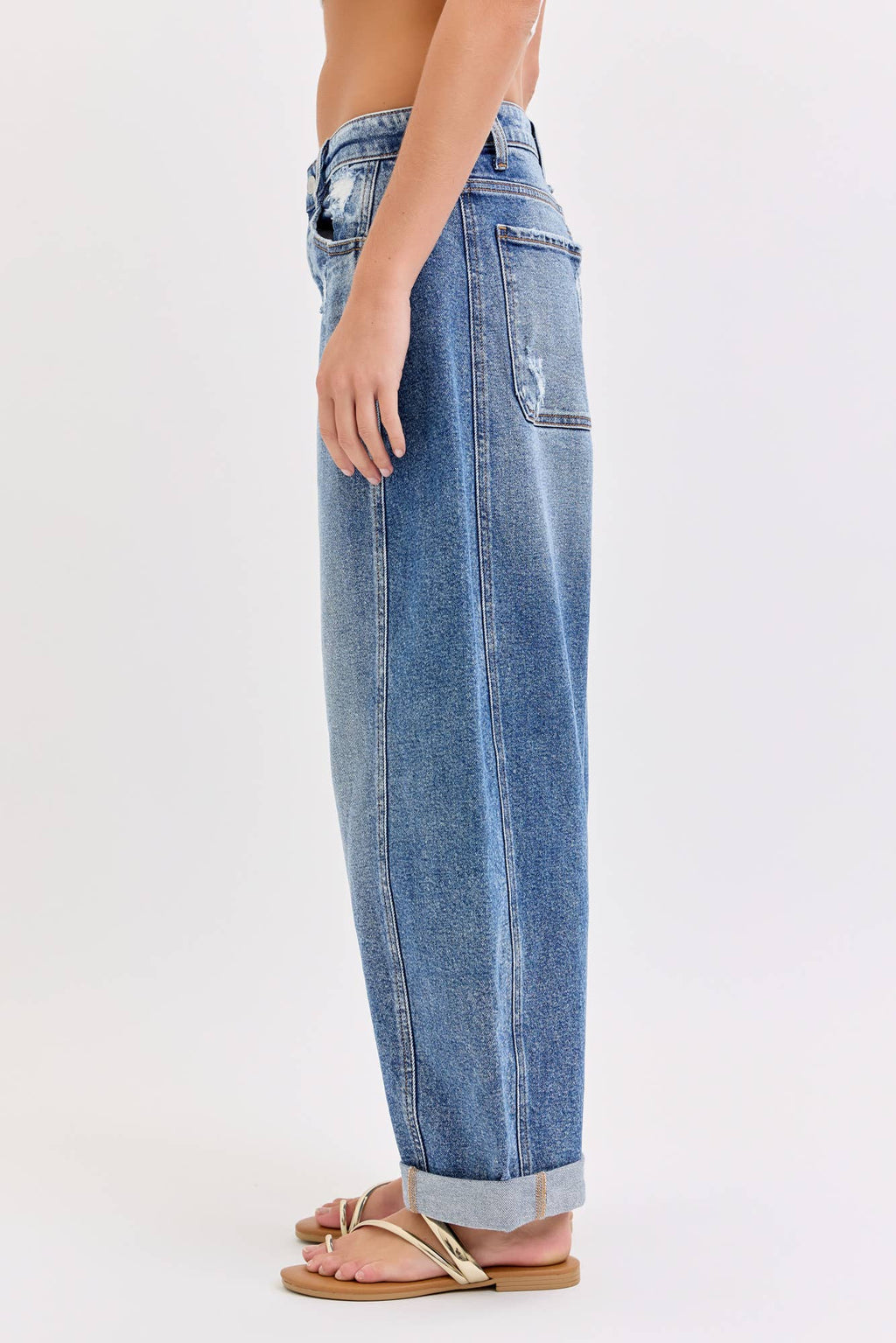 Mid Waist Barrel Leg with Rolled Cuff