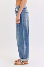 Mid Waist Barrel Leg with Rolled Cuff