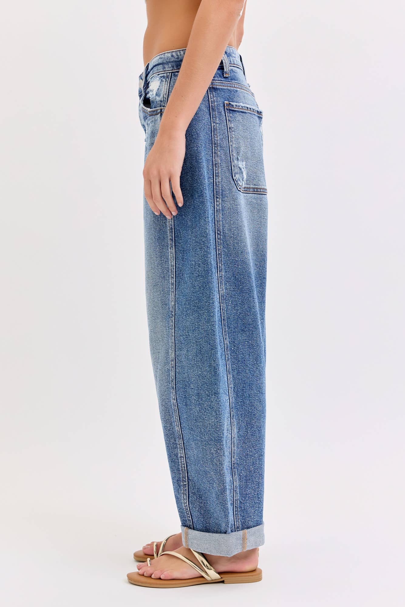 Mid Waist Barrel Leg with Rolled Cuff