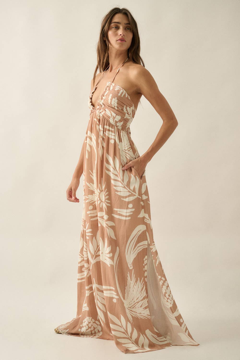 Tropical-Print Crepe Tie-Back Halter Pocket Maxi Dress