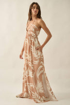 Tropical-Print Crepe Tie-Back Halter Pocket Maxi Dress