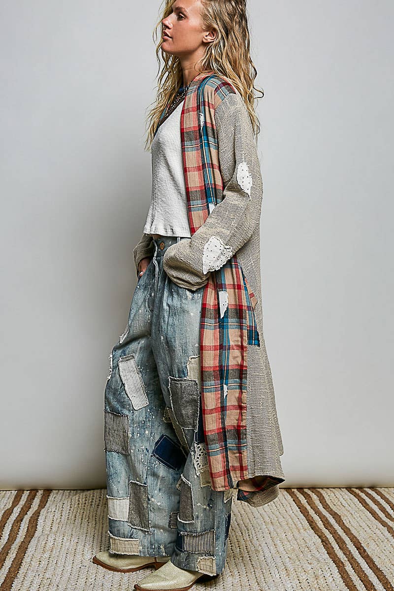 Plaid Textured Lace Heart Patch Woven Open Front Coat
