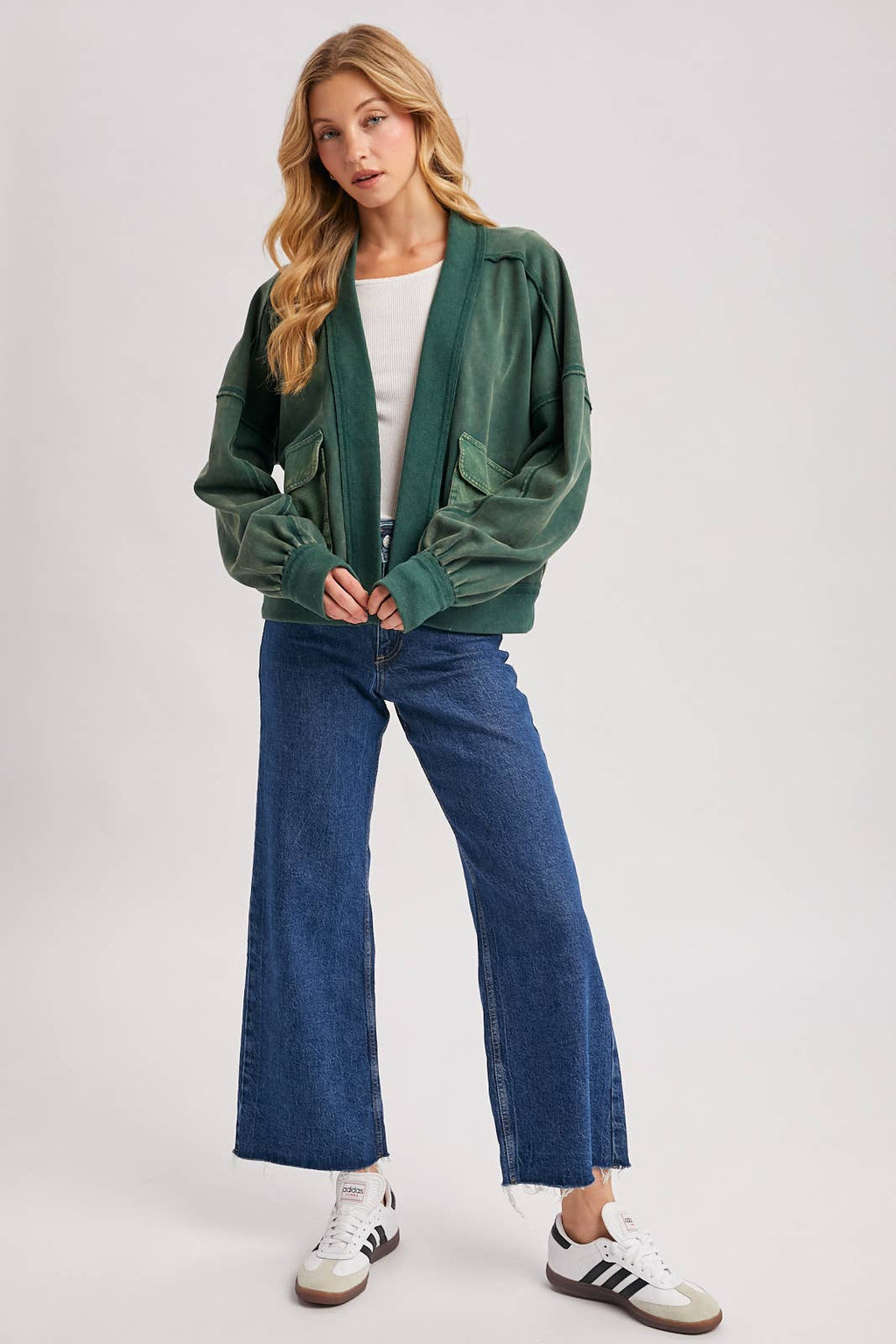 WASHED COLLARLESS OPEN FRONT CARDIGAN