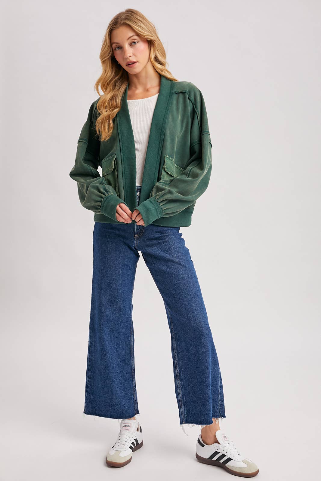WASHED COLLARLESS OPEN FRONT CARDIGAN