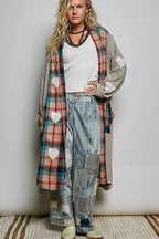 Plaid Textured Lace Heart Patch Woven Open Front Coat
