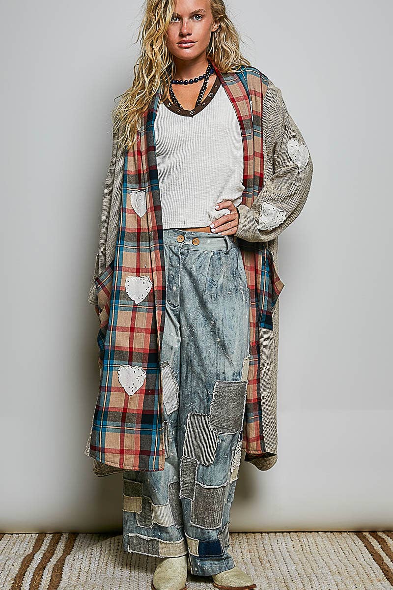 Plaid Textured Lace Heart Patch Woven Open Front Coat