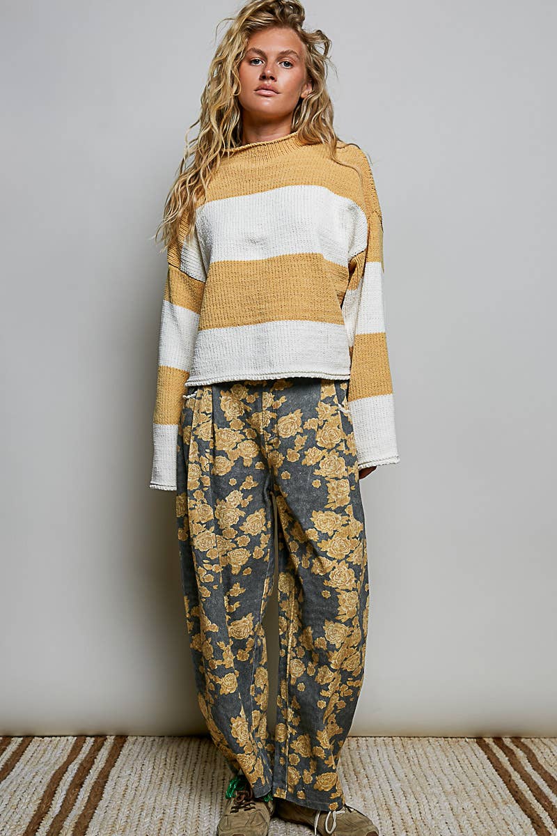 Striped Pattern Chenille Sweater Long Sleeve Mock Neck Top