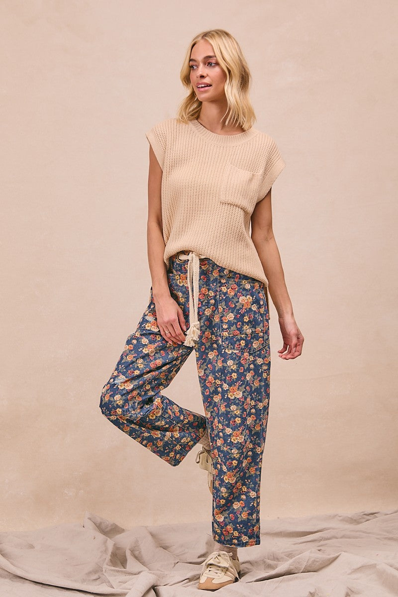 Mineral Washed Denim Ditsy Printed Braided Waist