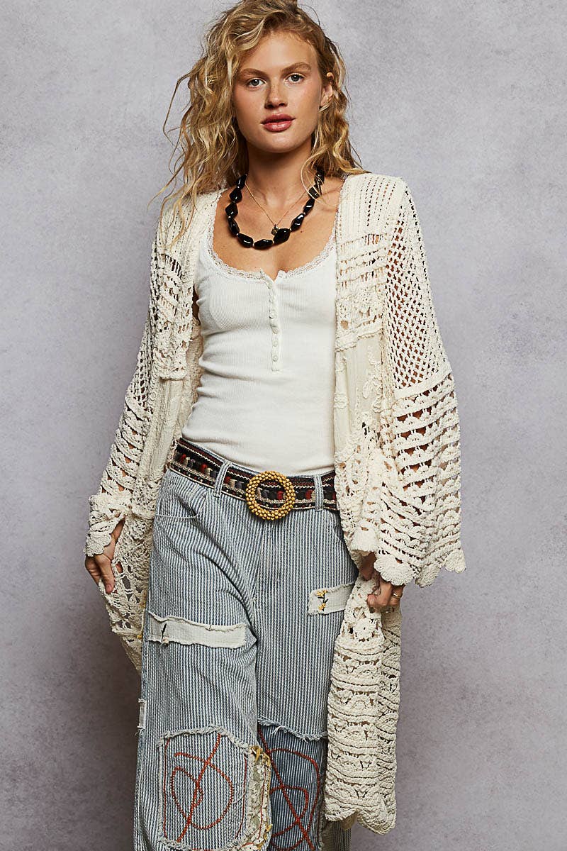 Long Sleeve Chenille Crochet Open Front Cardigan Top