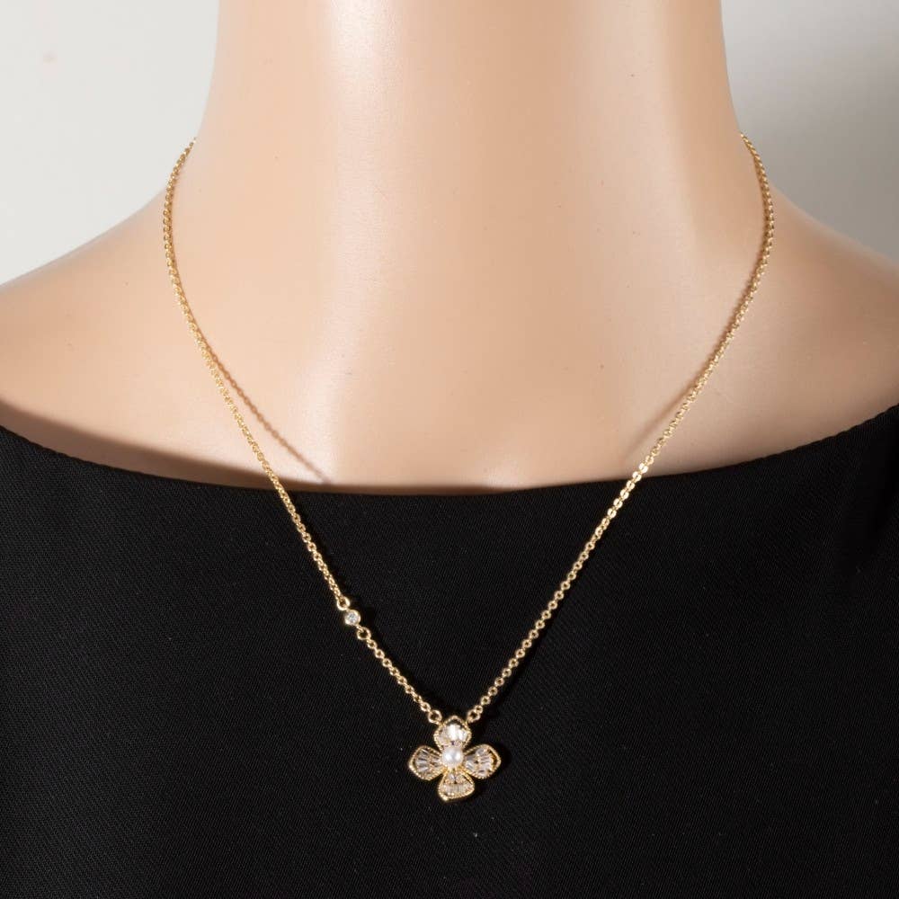 14K Gold Dipped Cz Pearl Flower Necklace