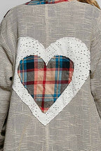 Plaid Textured Lace Heart Patch Woven Open Front Coat
