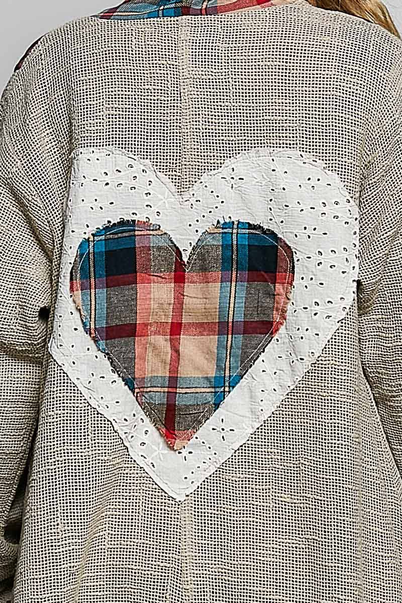 Plaid Textured Lace Heart Patch Woven Open Front Coat