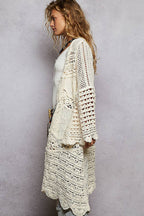 Long Sleeve Chenille Crochet Open Front Cardigan Top