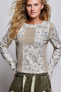 Floral Print Vintage Wash Slim Fit Long Sleeve Knit Top