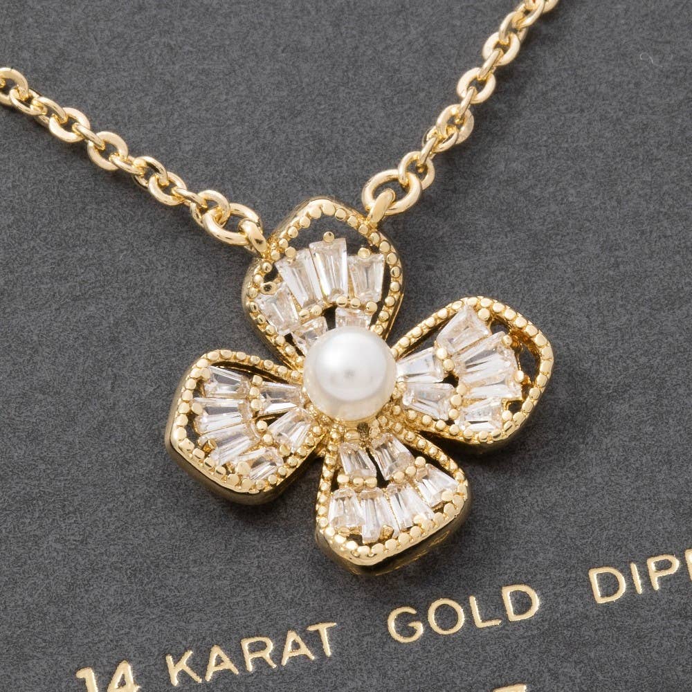 14K Gold Dipped Cz Pearl Flower Necklace