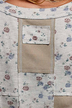 Floral Print Vintage Wash Slim Fit Long Sleeve Knit Top