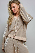 Solid Eyelet Stud Contrast Color Blocked Patch Knit Top