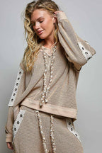 Solid Eyelet Stud Contrast Color Blocked Patch Knit Top