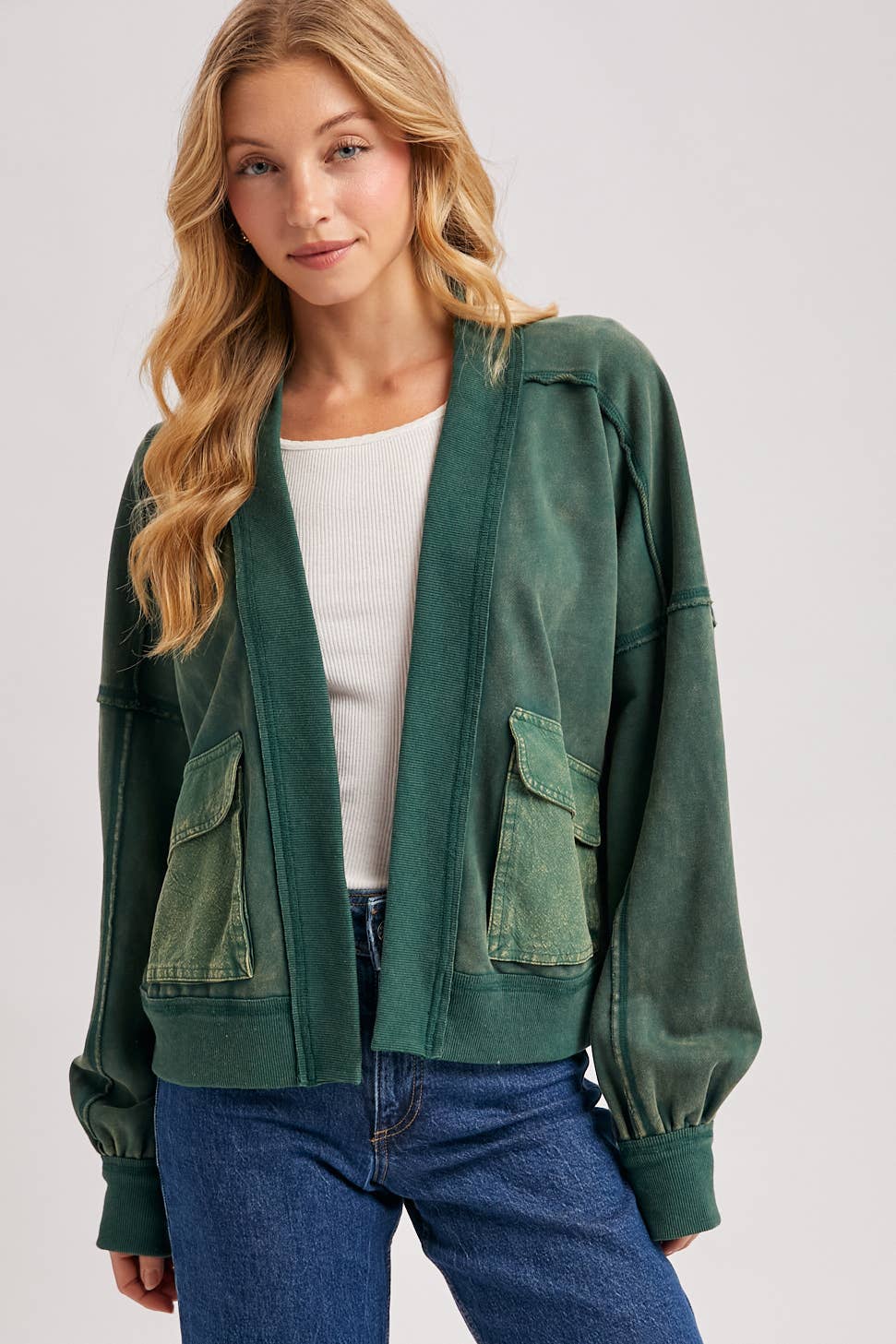 WASHED COLLARLESS OPEN FRONT CARDIGAN