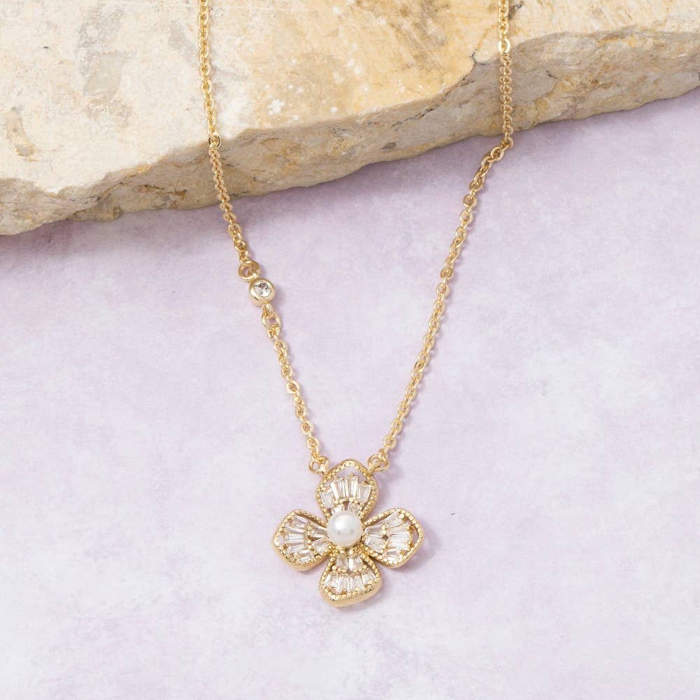 14K Gold Dipped Cz Pearl Flower Necklace