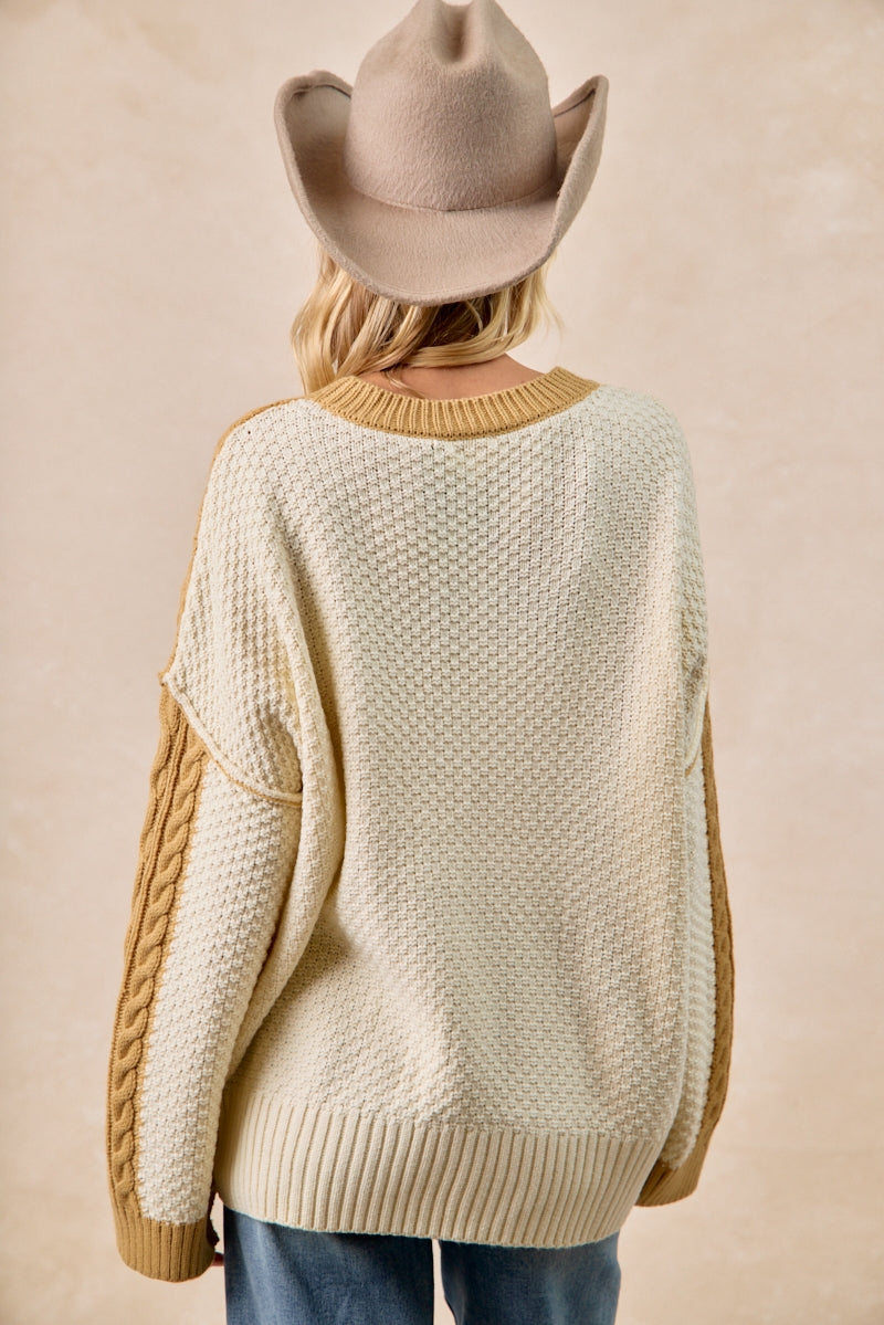 Mustard & Ivory Cable Knit Sweater